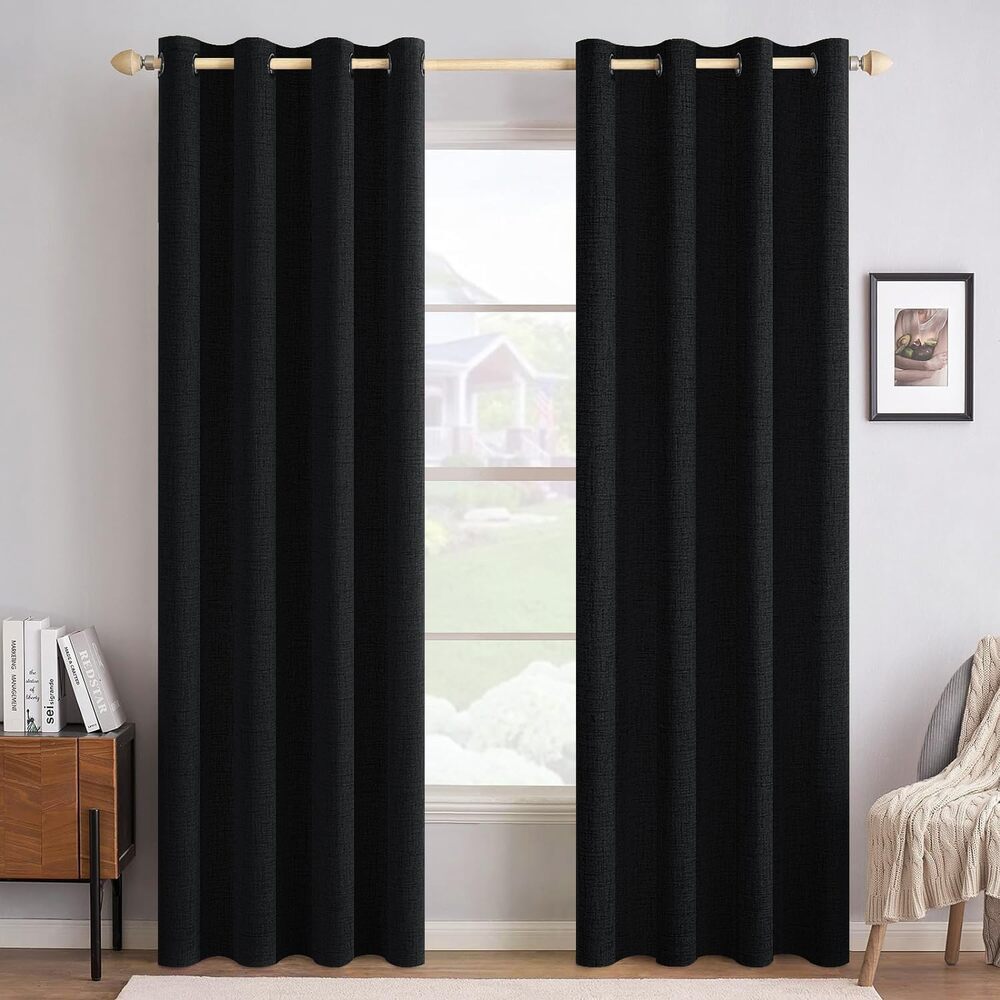 MIULEE Black 100% Blackout Linen Curtains for Bedroom 52x120" 2 Pack